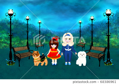 Two cute girls with dogs in the evening park Two cute girls with dogs in the evening park 68386961