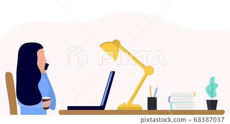 Woman works at a laptop. Fashion trend vector illustration, flat design 68387037