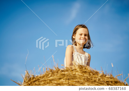 cute little girl sits on mown rye in the field  68387168