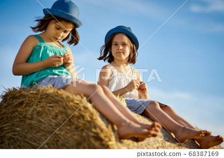 two charming girls are eating sunflower seeds on mown rye in the field two charming girls are eating sunflower seeds on mown rye in the field 68387169