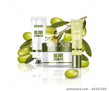 Moisturizing cream jar with milk lotion, face, body and hand cream with olive oil. Cosmetic poster ad with green olives background. Isolated cosmetic package design. Vector Moisturizing cream jar with milk lotion, face, body and hand cream with olive oil. Cosmetic poster ad with green olives background. Isolated cosmetic package design. Vector 68387288