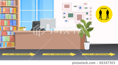 reception desk with signs for social distancing yellow stickers coronavirus epidemic protection reception desk with signs for social distancing yellow stickers coronavirus epidemic protection 68387303