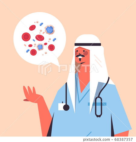arab male doctor and chat bubble with vascular system leukocytes erythrocytes platelets healthcare medicine 68387357