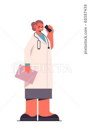 female doctor in uniform holding clipboard and talking on phone healthcare medicine concept 68387439
