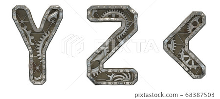 Mechanical alphabet made from rivet metal with gears on white background. Set of letters Y, Z and symbol left angle bracket. 3D Mechanical alphabet made from rivet metal with gears on white background. Set of letters Y, Z and symbol left angle bracket. 3D 68387503