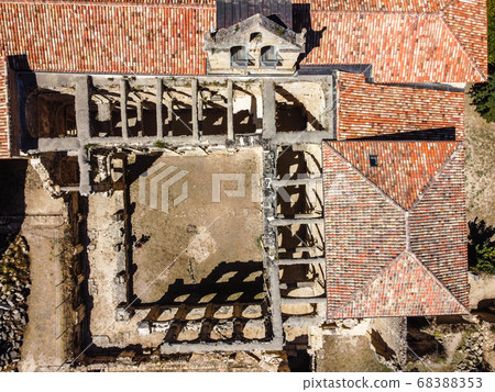 Aerial view of the abandoned abbey of Santa Maria de RIoseco. Aerial view of the abandoned abbey of Santa Maria de RIoseco. 68388353
