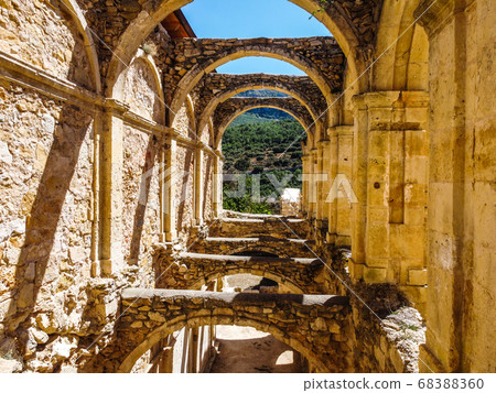 Aerial view of the abandoned abbey of Santa Maria de RIoseco. Aerial view of the abandoned abbey of Santa Maria de RIoseco. 68388360
