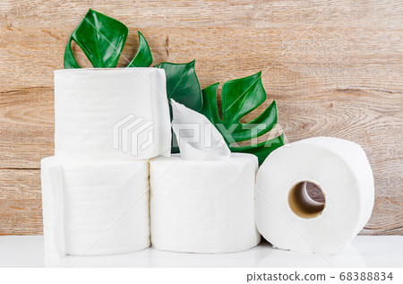 Tissue paper rolls and green leaves. 68388834