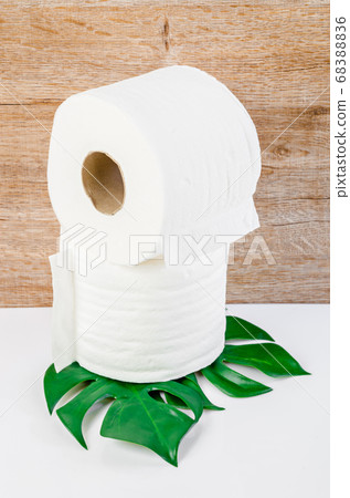 Tissue paper rolls and green leaves. 68388836