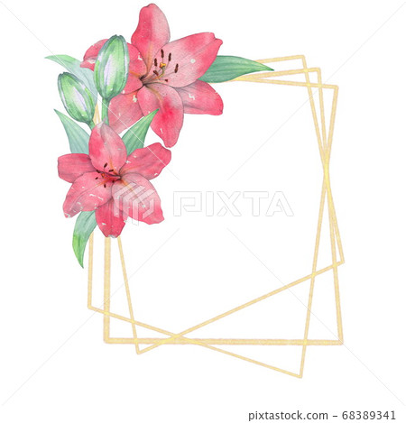 Elegant gold frame with Coral lilies. Watercolor illustration. Suitable for decorating of invitations, greeting cards, business cards 68389341