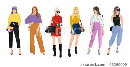 Set of women dressed in stylish trendy clothes - fashion street style 68390009