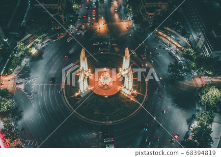 Aerial view of Democracy Monument by night in old town Bangkok Thailand Aerial view of Democracy Monument by night in old town Bangkok Thailand 68394819