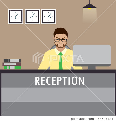 Man receptionist sitting at reception desk. 68395483