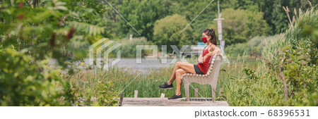 Mask wearing woman sitting relaxing on bench outside in summer nature park for coronavirus prevention. Protectve face covering COVID-19 lifestyle. Banner panoramic Mask wearing woman sitting relaxing on bench outside in summer nature park for coronavirus prevention. Protectve face covering COVID-19 lifestyle. Banner panoramic 68396531
