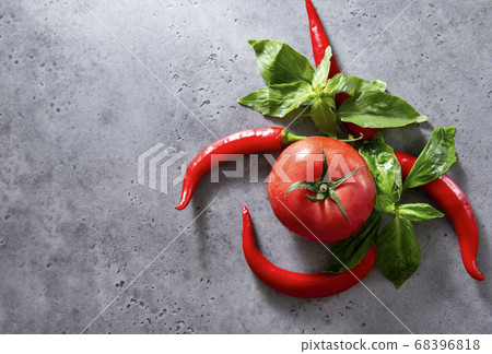 fresh red tomato, red chili peppers, green Basil 68396818