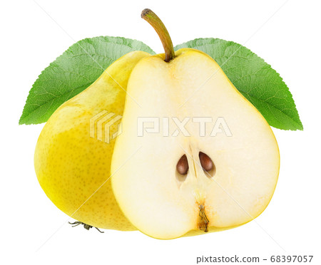 Halved yellow pears isolated on white background Halved yellow pears isolated on white background 68397057