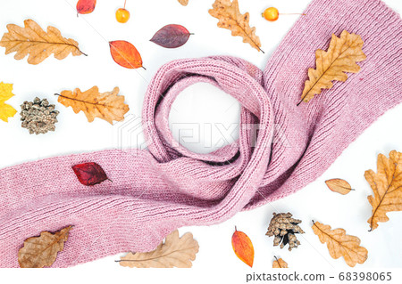 Cup of coffee, women scarf, autumn leaves on white 68398065