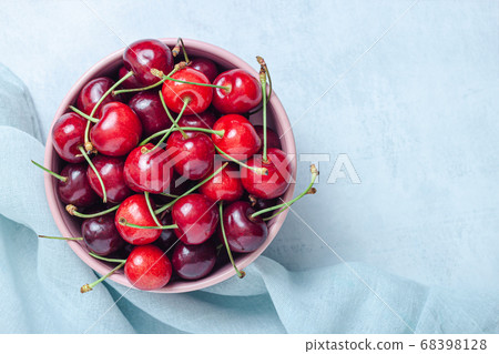 Cherry with leaf on plate and water dropsand on Cherry with leaf on plate and water dropsand on 68398128