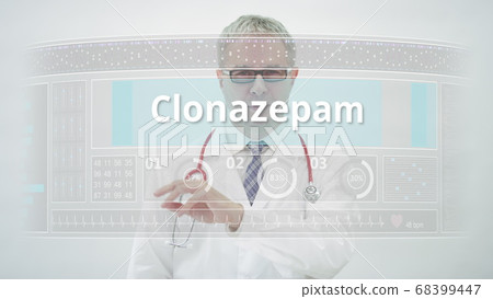 CLONAZEPAM generic drug name scrolled by a doctor on a modern screen CLONAZEPAM generic drug name scrolled by a doctor on a modern screen 68399447