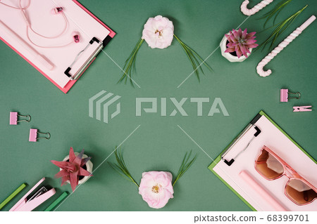Woman office style with stationary flat lay mockup Woman office style with stationary flat lay mockup 68399701