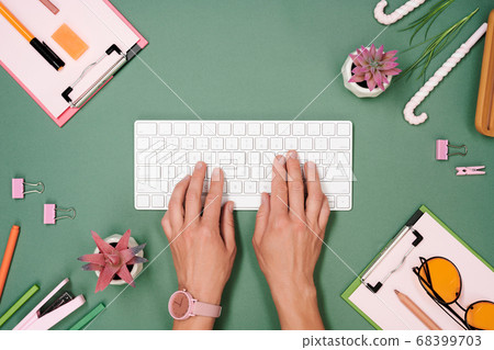 Woman workplace with keyboard flat lay mockup Woman workplace with keyboard flat lay mockup 68399703