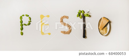 Ingredients forming word pesto over white plain Ingredients forming word pesto over white plain 68400053