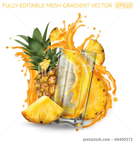 Pineapples and a glass of splashing juice on a white background. Pineapples and a glass of splashing juice on a white background. 68400372