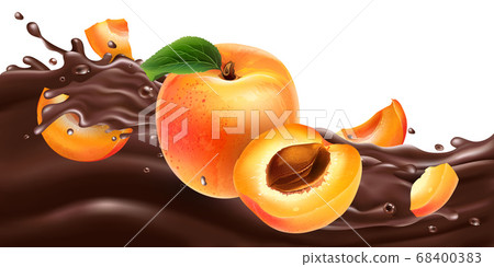 Whole and sliced apricots on a chocolate wave. Whole and sliced apricots on a chocolate wave. 68400383