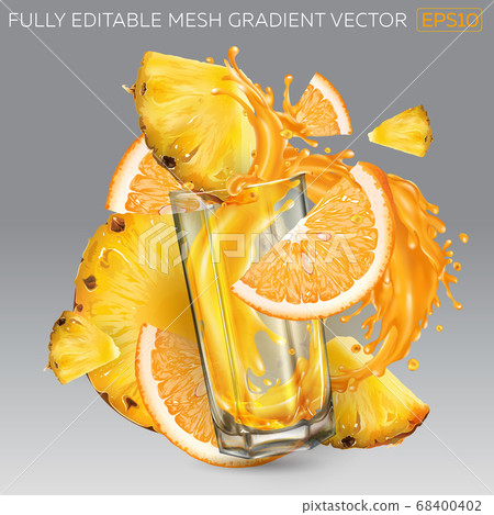 Splash of fruit juice in a glass, pineapple and orange slices. 68400402