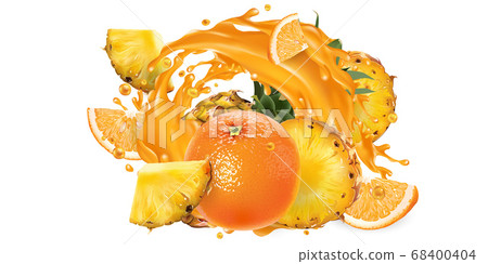 Pineapples and oranges in a juice splash. 68400404