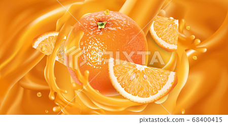 Whole orange and slices in fruit juice. 68400415