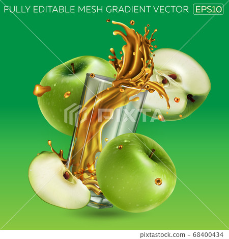 Fruit juice splashing in a glass and green apples around it. 68400434