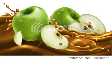 Whole and sliced green apples on a fruit juice wave. 68400436