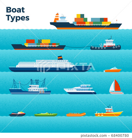Set of different types of boats on blue waves vector illustration in a flat design. Set of different types of boats on blue waves vector illustration in a flat design. 68400780