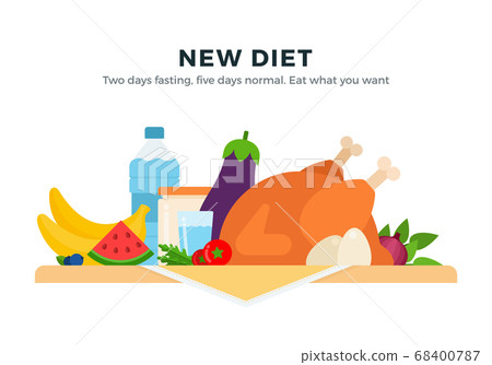 New diet vector flat illustration. Two days fasting, five days normal. Eat what you want. New diet vector flat illustration. Two days fasting, five days normal. Eat what you want. 68400787