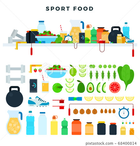 Set vector icons sport food in flat design. Concept healthy and athletic lifestyle. 68400814