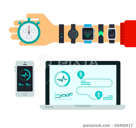 Hand with fitness trackers, stopwatch and devices with the application vector illustration 68400817