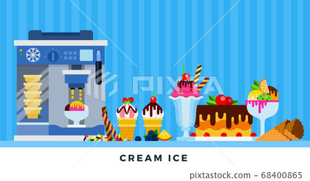 Cream ice. Vector flat illustrations. Machine for ice-cream wafer cone. Cream ice. Vector flat illustrations. Machine for ice-cream wafer cone. 68400865