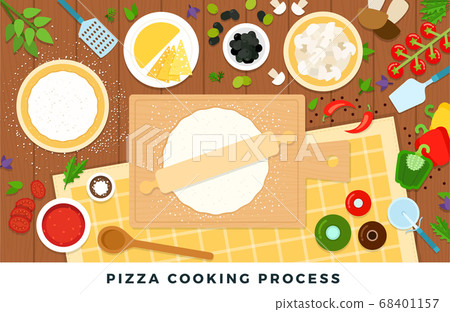 Pizza cooking process. Vector flat illustrations. Set of products and tools for pizza cooking on wooden table. 68401157