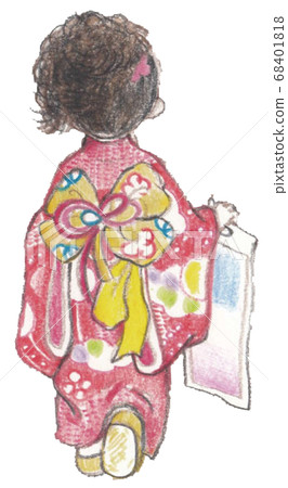 Shichigosan身穿紅色和服的女孩的後視圖 68401818