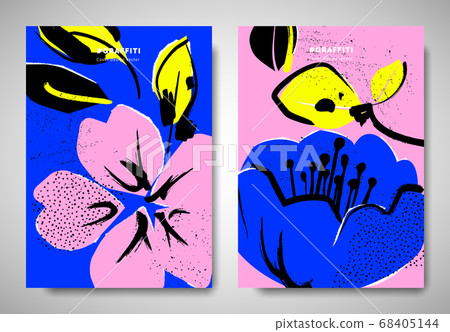 Cover template design, ripped torn paper sakura and camellia flower with leaves, blue and pink tones 68405144