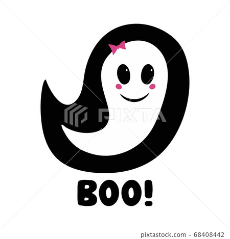 Cute girl ghost with pink blush, bow and boo word. Halloween greeting card. Isolated on white background. Vector stock illustration. 68408442