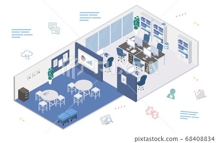Unmanned office and icon illustration isometric Unmanned office and icon illustration isometric 68408834