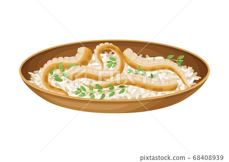 Rice with Octopus and Herb as Seafood Dish Vector Illustration Rice with Octopus and Herb as Seafood Dish Vector Illustration 68408939