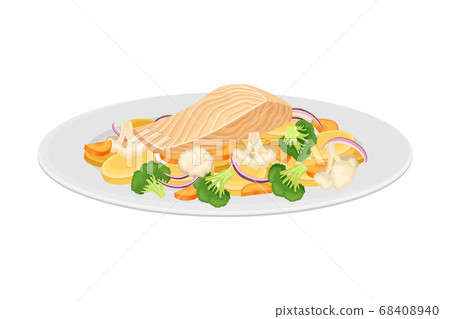 Salmon Slab with Vegetables as Seafood Dish Vector Illustration 68408940