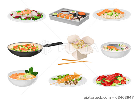 Salmon Soup and Noodles with Shrimp as Seafood Dishes Vector Set Salmon Soup and Noodles with Shrimp as Seafood Dishes Vector Set 68408947