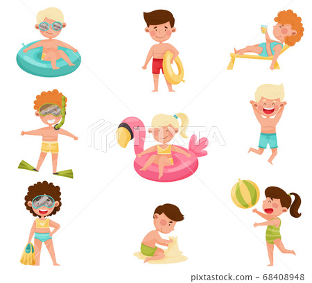 Children Characters at Sea Shore Playing in Sand, Sunbathing and Swimming in Water Vector Illustrations Set Children Characters at Sea Shore Playing in Sand, Sunbathing and Swimming in Water Vector Illustrations Set 68408948