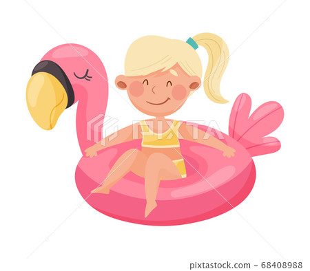 Cute Girl Character Sitting in Flamingo Rubber Swimming Ring Vector Illustration Cute Girl Character Sitting in Flamingo Rubber Swimming Ring Vector Illustration 68408988