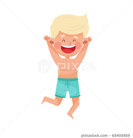 Excited Boy Character in Swimming Trunks Jumping with Joy at Sea Shore Vector Illustration Excited Boy Character in Swimming Trunks Jumping with Joy at Sea Shore Vector Illustration 68408989