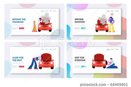 Road Accident with Broken Car and Mechanic Repair Service Website Landing Page, People Calling for Professional Help on Road 68409801